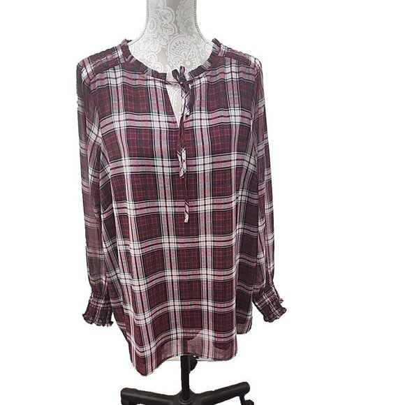 Talbots Red Plaid Multicolor Top Tie Neck Smocked Lined Pullover Women's 2X - Picture 1 of 8